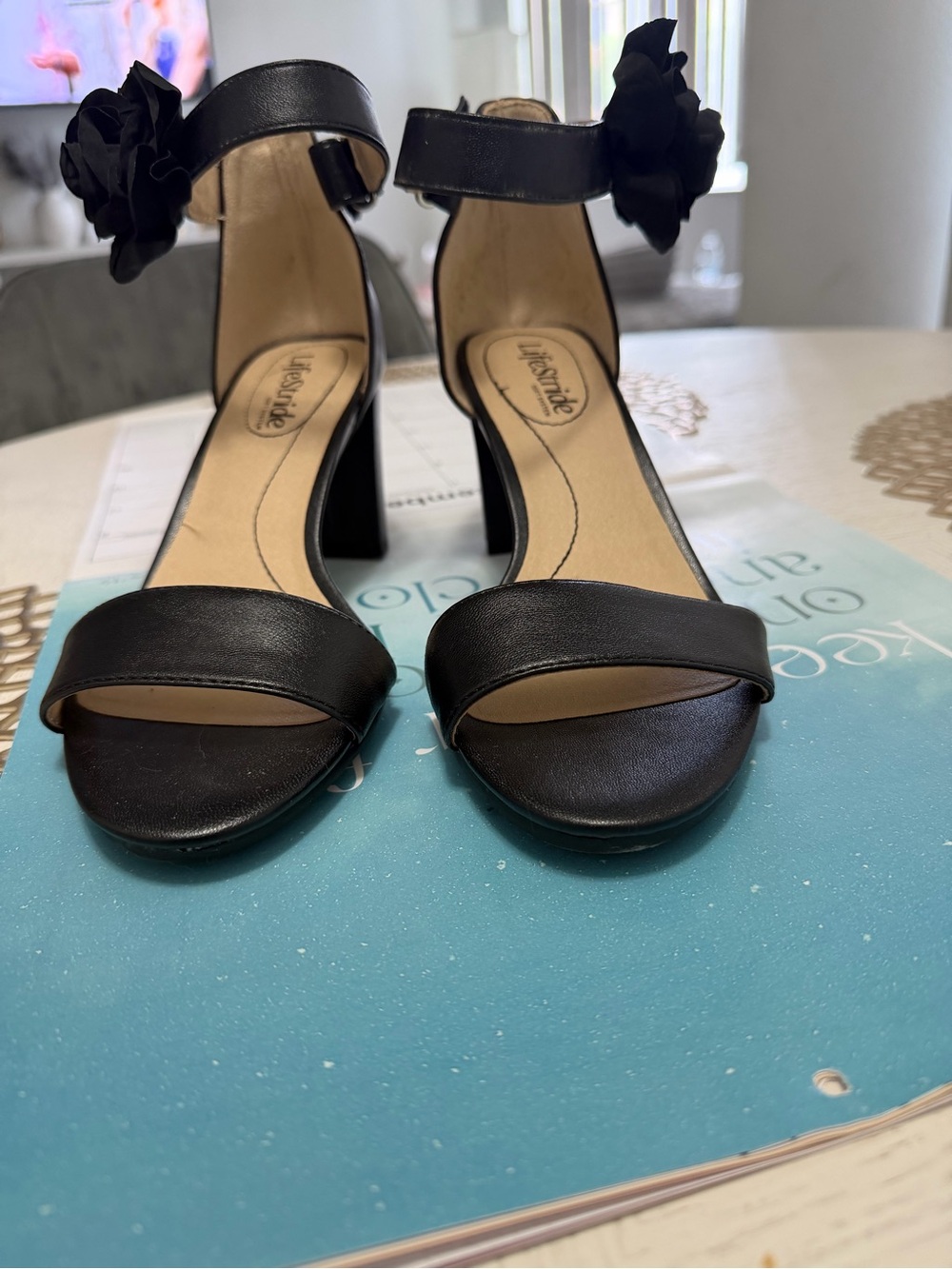 Life Stride Black Open-Toe Ankle-Strap Block Heel Sandals with Floral Accent